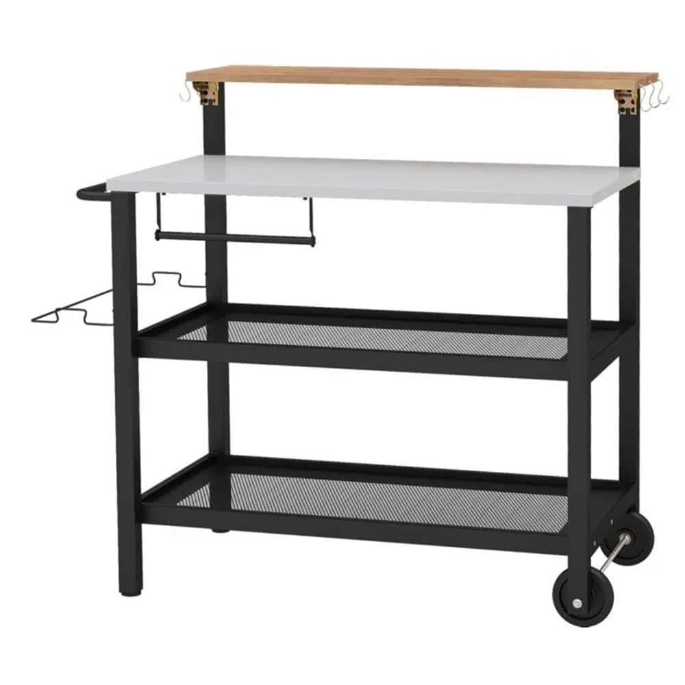 Black Rolling Bar Kitchen Cart with Flip-Up Table, Hooks, Wheels and 3-Tier