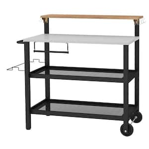 Black Rolling Bar Kitchen Cart with Flip-Up Table, Hooks, Wheels and 3-Tier Storage for Kitchen, BBQ and Garden