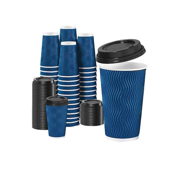 3.54 in. Blue Disposable Paper Coffee Cup with Lid Corrugated Ripple Wall for Hot Beverages 500 Per Case