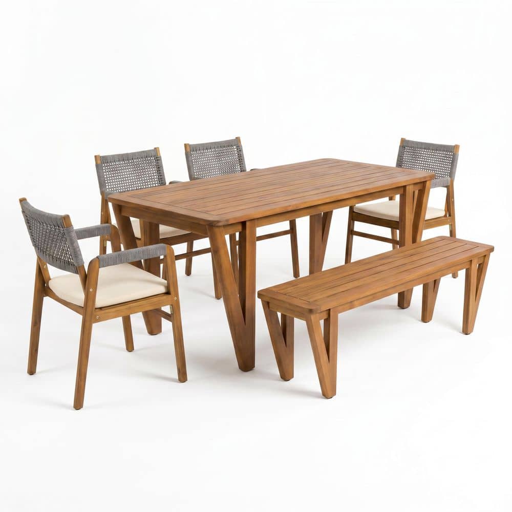 Victor Teak Finish + Grey Rope 6-Piece Acacia Wood Rectangular Patio Outdoor Dining Set with Beige Cushions, Seats 6 price history on PriceWatchPro