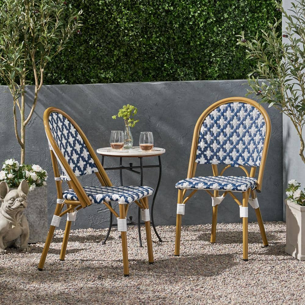 Blue and White Bamboo Print Outdoor Bistro Chair Set