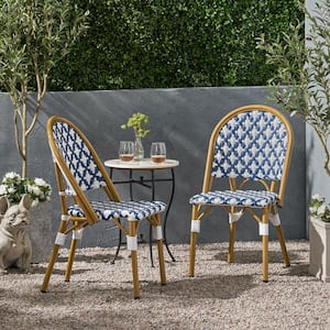 Louna Bamboo Print Patterned Metal and Faux Rattan Outdoor Patio Dining Chair in Blue and White (2-Pack)