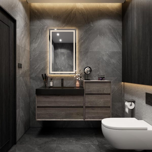 MIA 55 in. W. x 20 in. D x 30 in. H Single Sink and Side Cabinet Bath Vanity in Gray Oak with Black Stainless-Steel Top