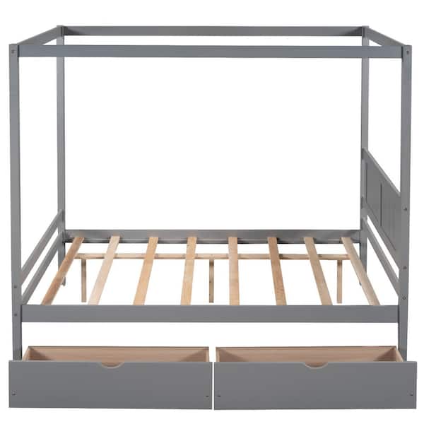 Utopia 4niture Delilah 57 in. W Gray Non-Upholstered Wood Frame Full Size Canopy Platform Bed with 2-Drawers