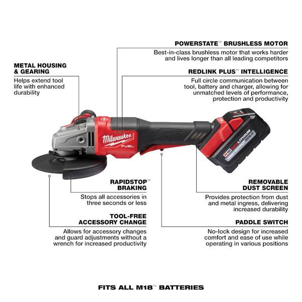 Milwaukee M18 FUEL 18V Lithium-Ion Brushless Cordless 4-1/2 in./6 in.  Grinder with Paddle Switch Kit and Two 6.0 Ah Battery 2980-22 - The Home  Depot