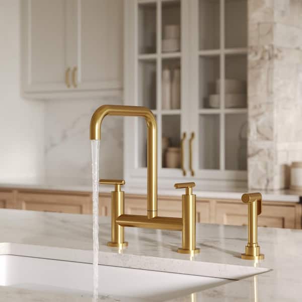 13 in. Height 2-Handle Bridge Kitchen Faucet with Side Spray, 360° Swivel in Brushed Gold
