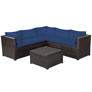 6-Piece Wicker Patio Conversation Set with Blue Cushions