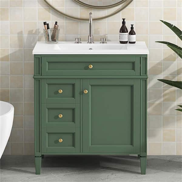 30 in. Single Sink Bath Vanity Green Freestanding Storage Cabinet with White Ceramic Top, 2 Drawers and a Tip-out Drawer
