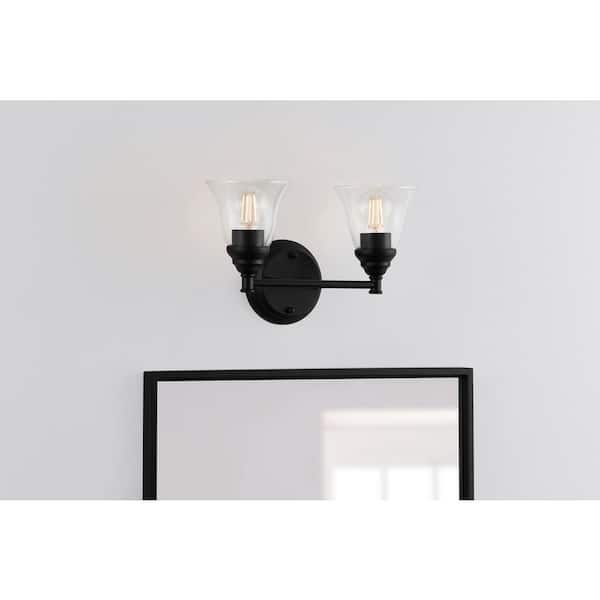 Hampton Bay Marsden 14.25 in. 2-Light Matte Black Transitional Vanity Light with Clear Glass Shades