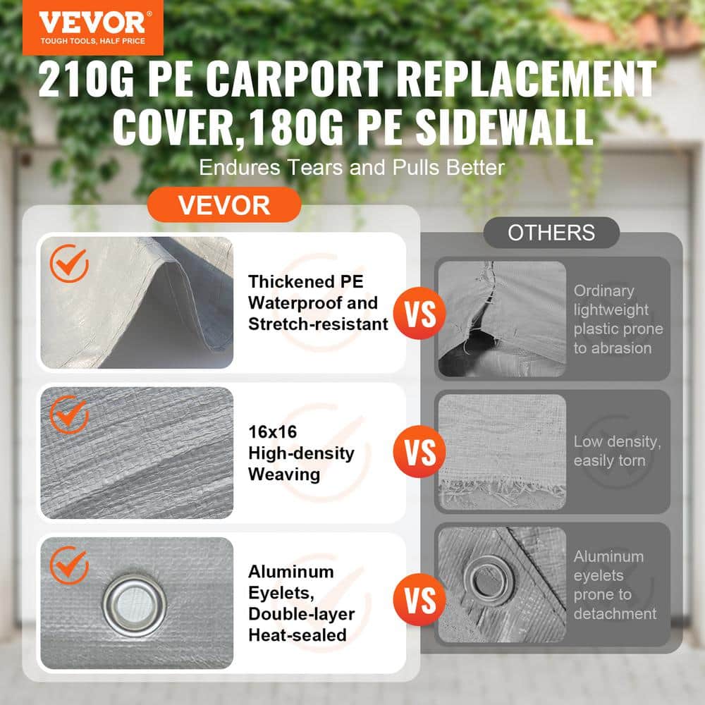 Gray 10' x 20' PE Plastic Carport Replacement Canopy Cover