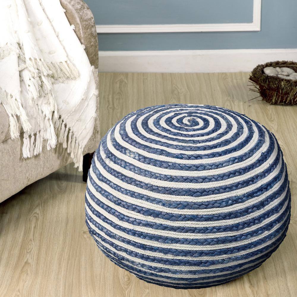 Seafaring Striped Braided Jute-Cotton Pouf, Blue/White, 20"x14"