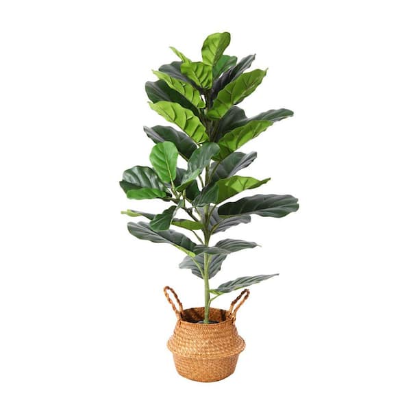 3 ft. Green Artificial Plants Fake Fiddle Leaf Fig Tree in Woven ...