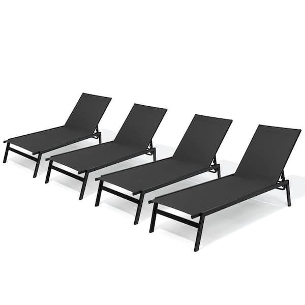 4-Piece Metal Outdoor Patio Reclining Adjustable Chaise Lounge Chairs in Black
