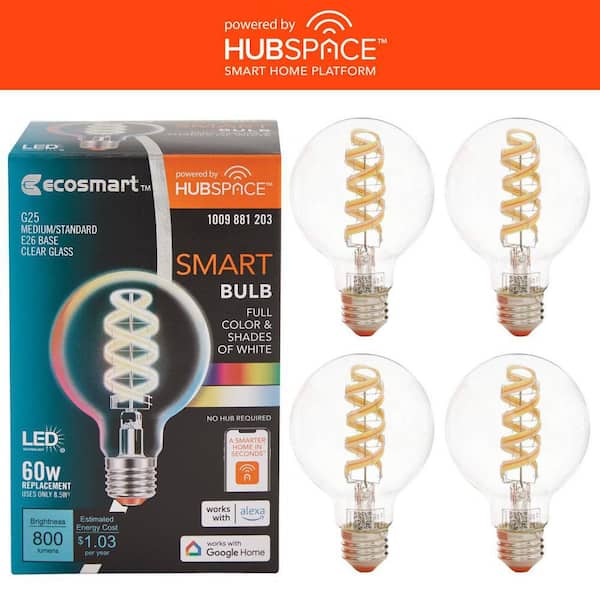 60-Watt Equivalent Smart G25 Clear Color Changing CEC LED Light Bulb with Voice Control Powered by Hubspace (4-Pack)