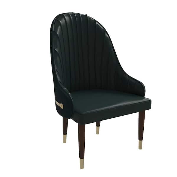 Leisuremod Dining Chair Upholstered in Leather Seat with Elegant Ripple Back Design and Gold Accents Elara Series, Green