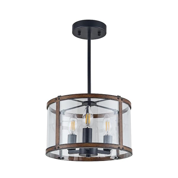 Unbranded Country Wood Style 3-Light Wood Brush Shaded Pendant Light with Glass Shade