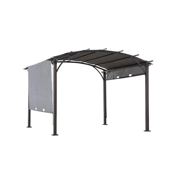 Sunjoy 11 ft. x 11 ft. Outdoor Steel Arched Pergola with Adjustable Canopy and Natural Woodgrain Metal Posts for Patio