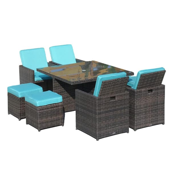 DIRECT WICKER Option Brown 9 of Piece Wicker Square Outdoor Dining Set with Lake Blue Cushions
