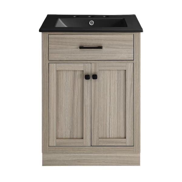 Swiss Madison Burdon 24 in. Bathroom Vanity in Brown Oak with Black, 3-Hole Ceramic Sink Top