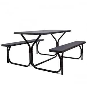All-Weather Metal Outdoor Picnic Table Bench Set with Metal Base Wood
