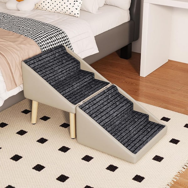 Modern Foldable 6-Step Pet Ramp Convertible Light Gray Faux Leather Upholstered Ottoman