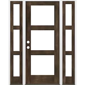 60 in. x 96 in. Modern Hemlock Right-Hand/Inswing 3-Lite Clear Glass Black Stain Wood Prehung Front Door with Sidelites
