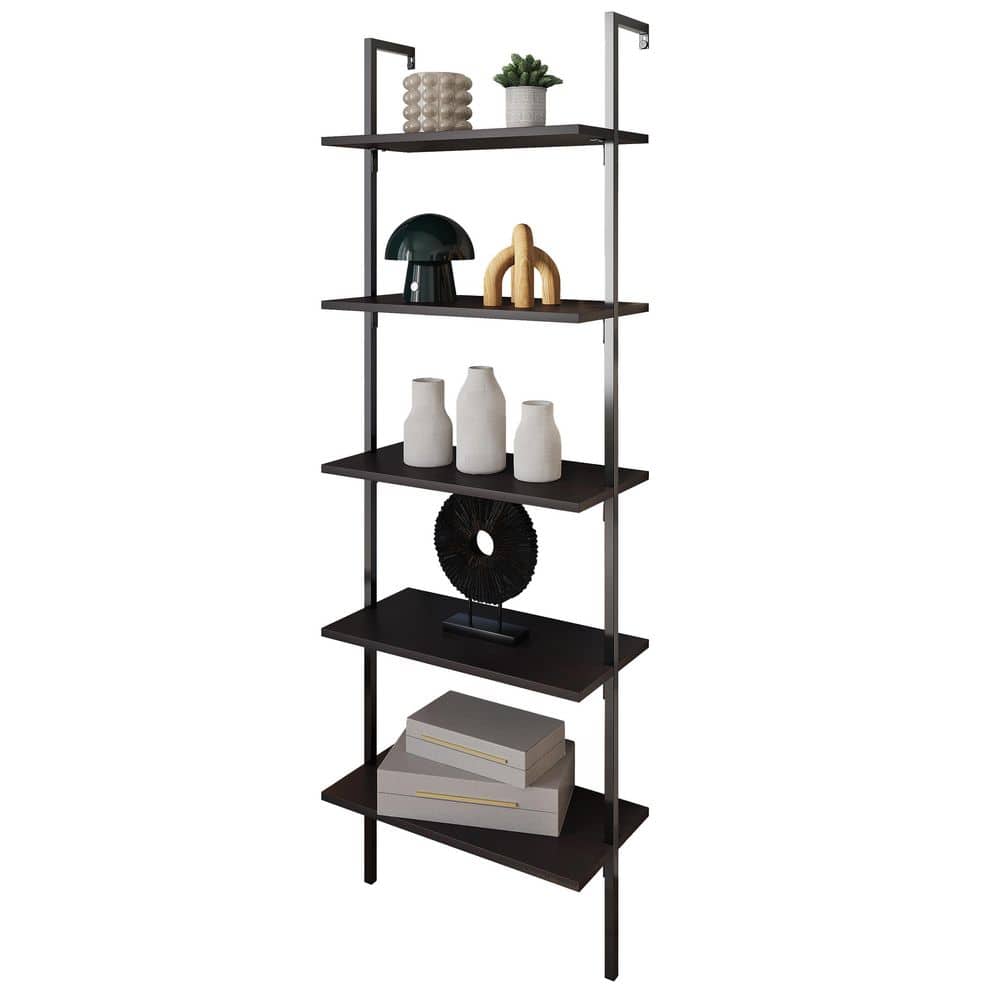 Madera Tall Black Wood and Metal Ladder Bookcase with 5 Shelves
