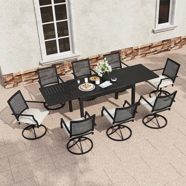 9-Piece Metal Outdoor Dining Set, Extendable Table & 8 Swivel Chairs with Beige Cushions, Rustproof Frames