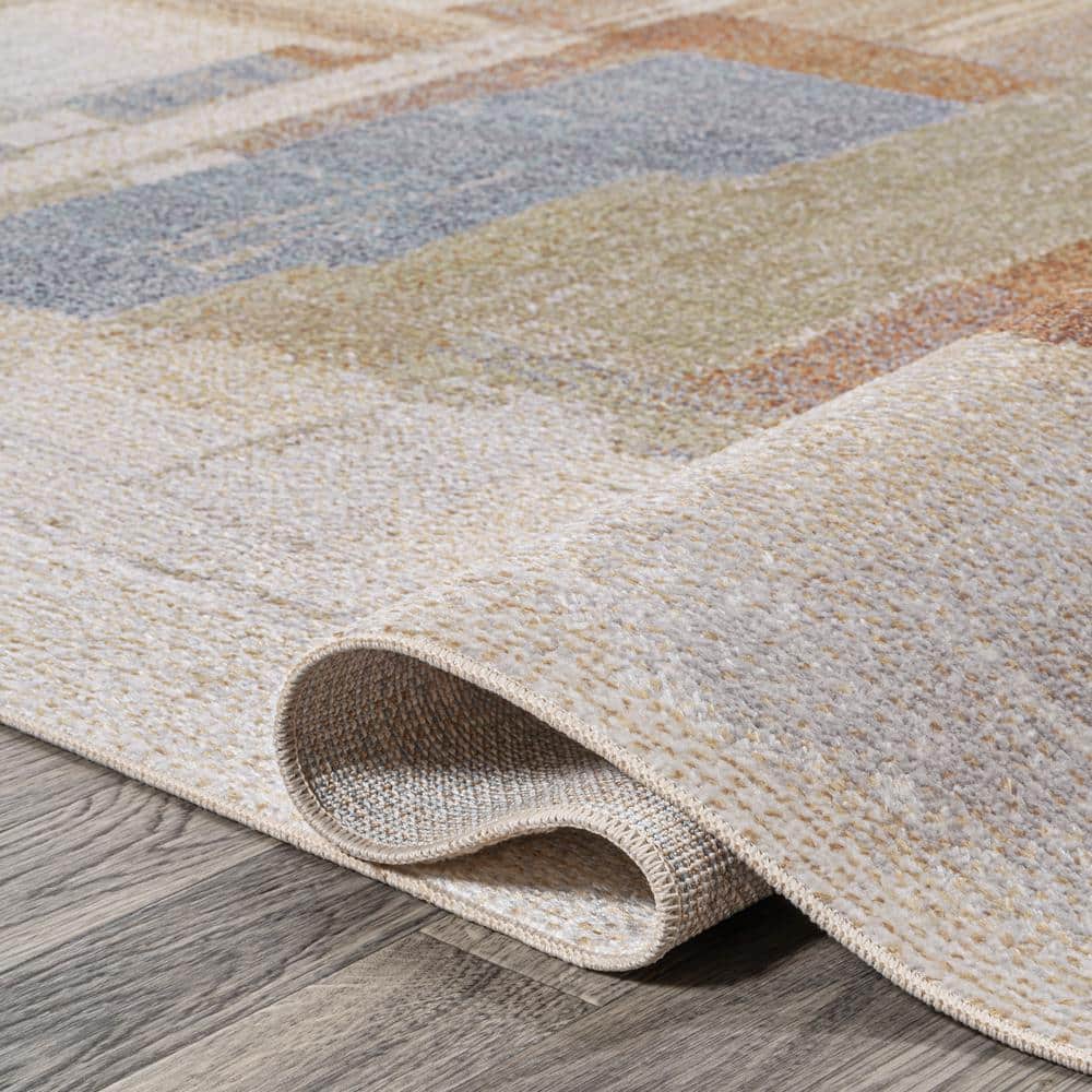 Cream and Multi Abstract Synthetic Washable 4' x 6' Rug