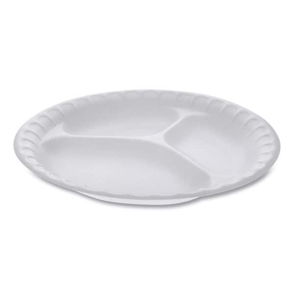 Pactiv 9 in. White Unlaminated Disposable Polystyrene Plates, 3-Compartment (500-Carton)
