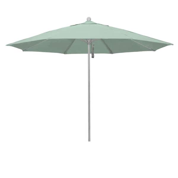 11 ft. Grey Woodgrain Aluminum Market Patio Umbrella with Fiberglass Ribs Pulley Lift in Spa Sunbrella