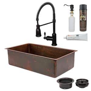All-in-One Dual Mount Copper 33 in. 0-Hole Single Basin Kitchen Sink in Oil Rubbed Bronze