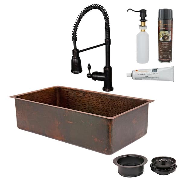 Premier Copper Products All-in-One Dual Mount Copper 33 in. 0-Hole Single Basin Kitchen Sink in Oil Rubbed Bronze
