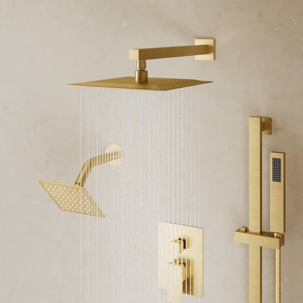 3-Spray 10 and 6 in. Wall Mount Dual Shower Heads and Handheld Shower Head in Brushed Gold (Valve Included)
