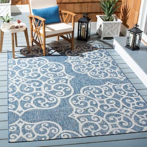 Courtyard Navy/Gray 4 ft. x 6 ft. Distressed Floral Medallion Indoor/Outdoor Patio  Area Rug