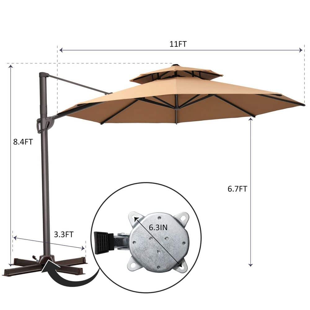Tan 11 ft. Round Heavy-Duty Cantilever Patio Umbrella with Double Top