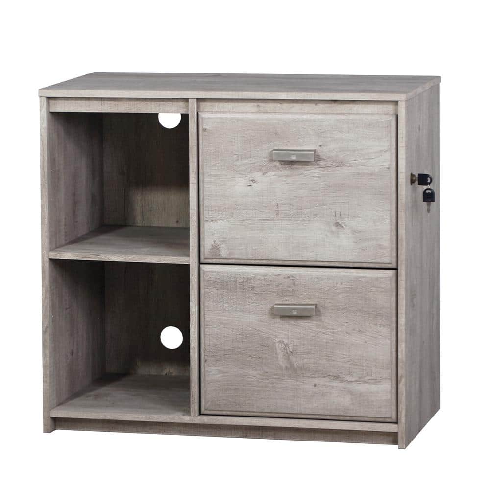 Washed Gray 2-Drawer Wood File Cabinet with Shelves