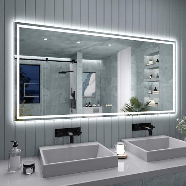 TaiMei 72 in. W x 36 in. H Rectangular Frameless LED Light Anti-Fog Wall Bathroom Vanity Mirror in Polished Crystal