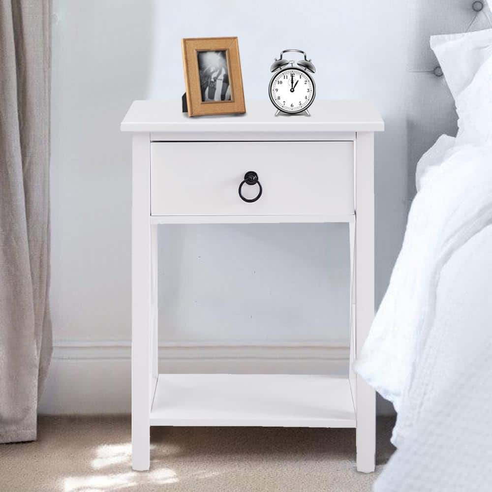 12 in. White Wood Rectangle End Table with Drawer and Shelf