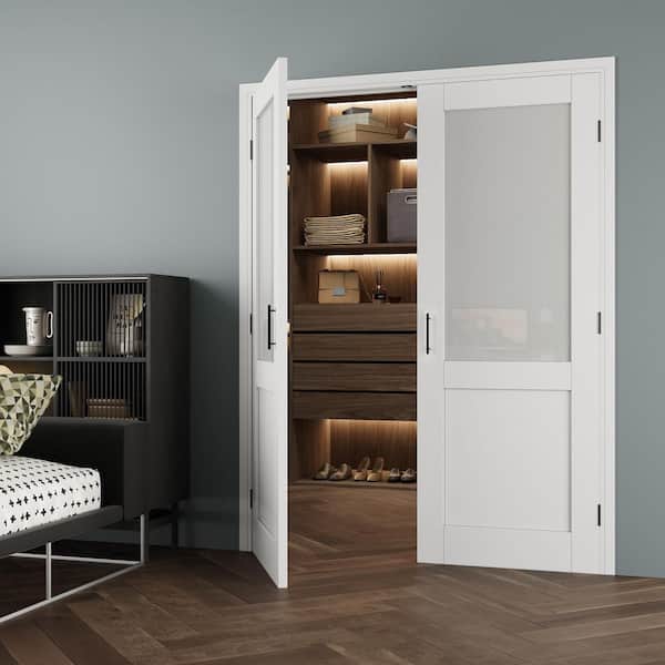 56 in. x 80 in. 1/2Lite Frosted Glass Universal White Solid Core MDF Double Prehung French Door with Jamb and Ball Catch