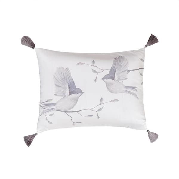 LEVTEX HOME Arista Grey, White Birds Screenprint Tassel 14 in. x 18 in. Throw Pillow