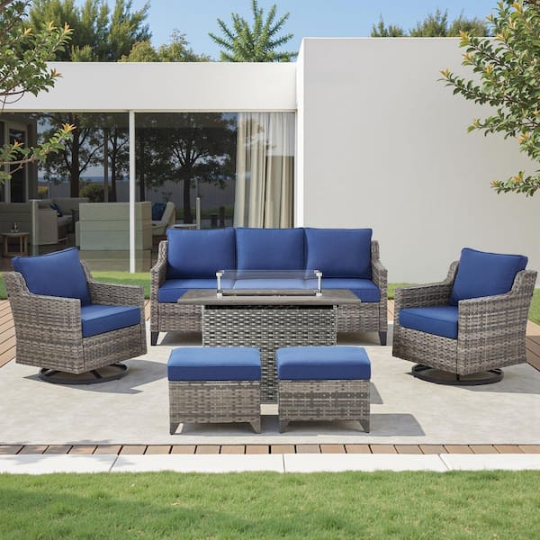 Hort 6-Piece Wicker Outdoor Fire Pit Patio Conversation Sofa Set with Swivel Glider Rocking Chairs with Blue Cushions