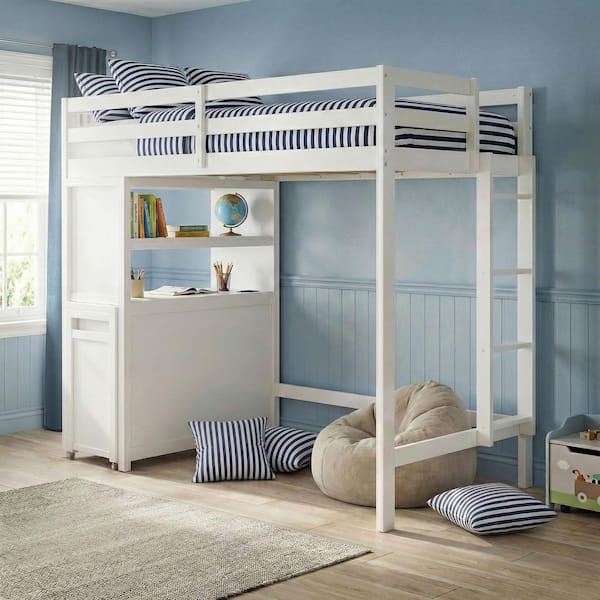 Warby White Twin Wood Loft Bed with Bookcase and Ladder