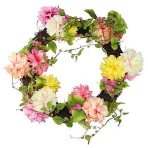 22 in. Artificial Unlit Pink and Yellow Mum and Wild Blossom Floral Wreath
