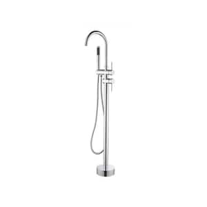 Double-Handles High Flow Floor Mount Landing Bathtub Faucet Freestanding Tub Filler 3.9 GPM with Hand Shower in Silver