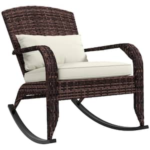 Wicker Adirondack Outdoor Rocking Chair with Seat White Cushion, Patio Rattan Rocker Chair with High Back and Pillow