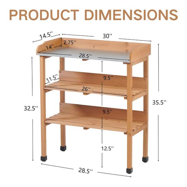 3-Tier Brown Wood Plant Stand Potting Table w/Metal Tabletop