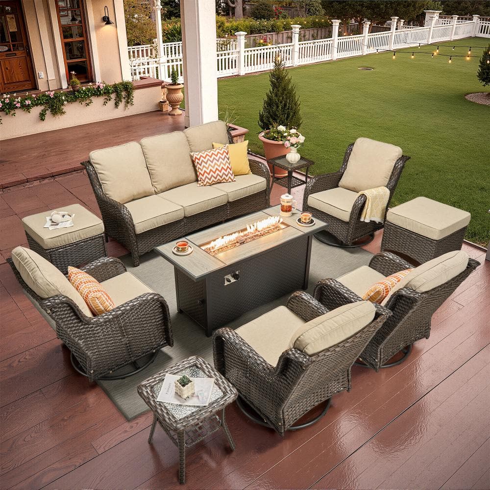 "Newport Brown Wicker 10-Piece Patio Conversation Sofa Swivel Chairs Set with Beige Cushions and 54"" Metal Fire Pit" price history on PriceWatchPro