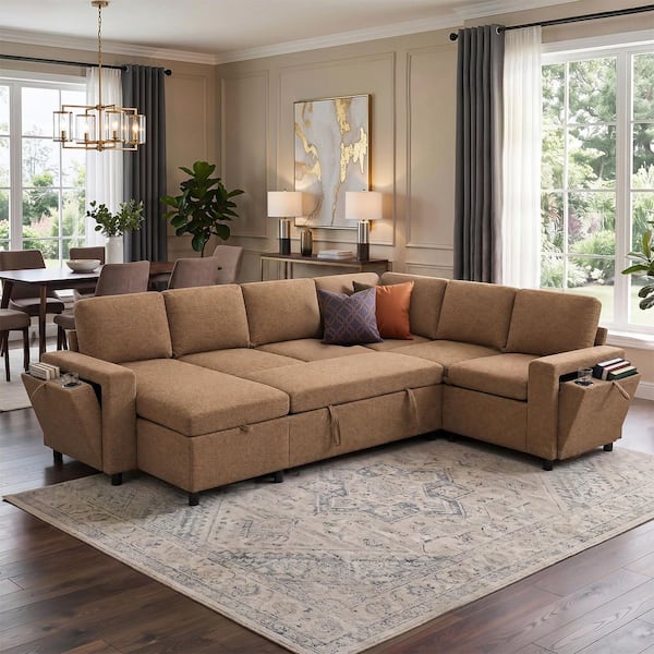 86.22 in. Chenille U-Shaped Sectional Sofa with Storage, USB Charger and Cup Holders in Brown