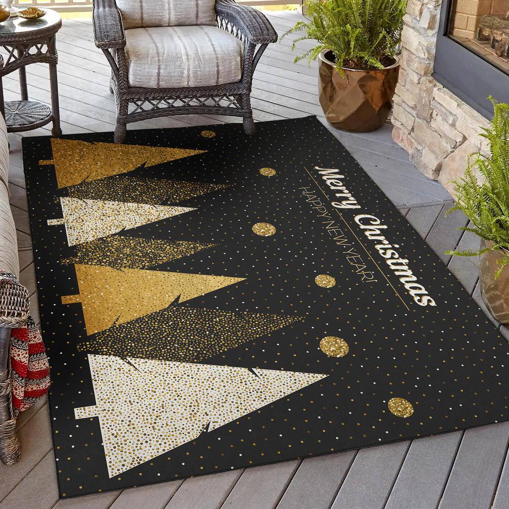 Black and Gold Abstract Christmas Tree Washable Rug 5' x 7'